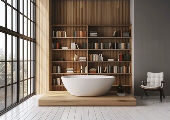 Fototapeta premium Modern Bathroom with Freestanding Tub and Wooden Bookshelves Interior Design