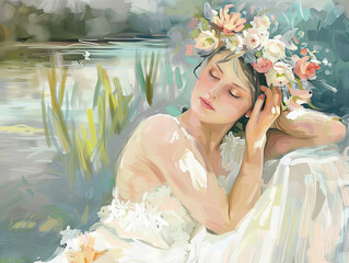 Painting Bride with flower crown, relaxing by the lake