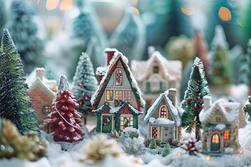 enchanting miniature houses nestled in a wintry forest wonderland whimsical christmas concept - obrazy, fototapety, plakaty
