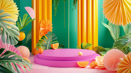 Electric dream forest, fairy garden. Colorful  tropical leaves. vivid summer foliage. Abstract Utopia spring  elements, 3d podium 