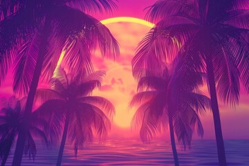 enchanting tropical oasis neoninfused retro sunset with silhouetted palm trees abstract background