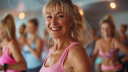 Joyful Middle Aged Women Dancing Zumba Candidly, Expressing Active Lifestyle with Friends in Dance Class