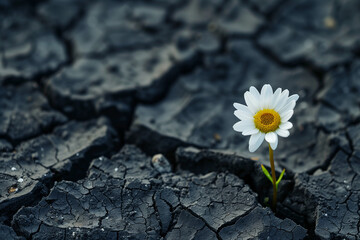 A single daisy emerges from the cracks of cracked black soil, symbolizing hope and resilience in challenging times. The contrast between the delicate flower and the harsh terrain adds depth 
