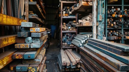 Stacked Steel Bars in Industrial Warehouse