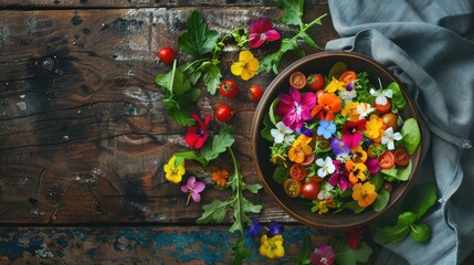 A plantbased recipe using natural foods like vegetables and edible flowers, beautifully presented on tableware. Includes ingredients like roses, fruits, and fresh vegetables AIG50