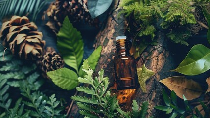 Composition with bottle of essential oil, tree bark and plant leaves on color background, aesthetic look - Powered by Adobe