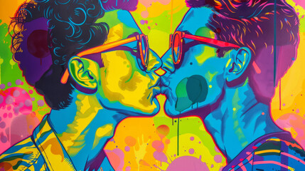 Portrait of gay couple in colorful pop art comic style painting illustration. LGBTQ and pride month concept.