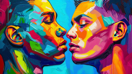 Portrait of gay couple in colorful pop art comic style painting illustration. LGBTQ and pride month concept.