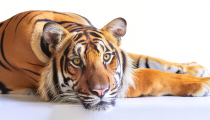 Orange Bengal tiger - Panthera tigris - is the largest living cat species and a member of the genus Panthera native to Asia, laying looking at camera front face view isolated on white background