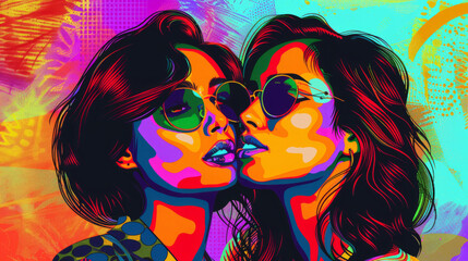 Portrait of lesbian couple in colorful pop art comic style painting illustration. LGBTQ and pride month concept.