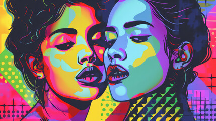 Portrait of lesbian couple in colorful pop art comic style painting illustration. LGBTQ and pride month concept.