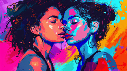 Portrait of lesbian couple in colorful pop art comic style painting illustration. LGBTQ and pride month concept.
