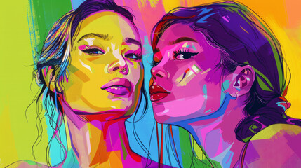 Portrait of lesbian couple with LGBTQ flag background in colorful pop art comic style painting illustration. LGBTQ and pride month concept.