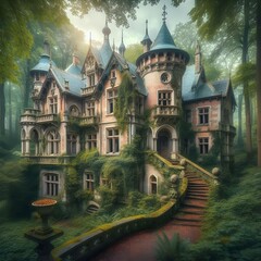 Obraz premium Gorgeous abandoned medieval mension in a fairytale forest.