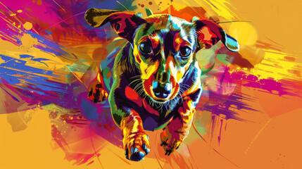 dachshund dog running toward camera in colorful pop art comic style painting illustration.