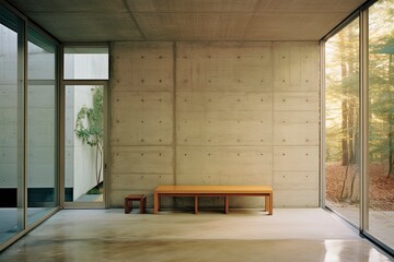 Minimalistic Modern Interior with Concrete Walls and Wooden Bench with Empty Space