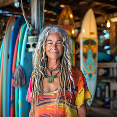 Portrait of senior woman with dreadlocks standing outside of surfboard rental shop