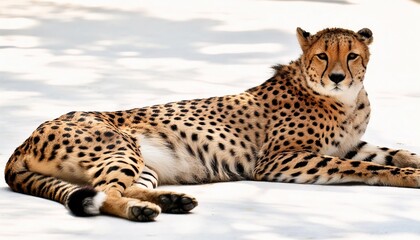 cheetah - Acinonyx jubatus - is a large cat and the fastest land animal. It has a tawny to creamy white or pale buff fur that is marked with evenly spaced, solid black spots. Laying isolated on white
