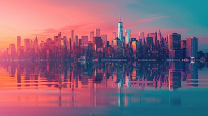 Colorful abstract artwork of the New York skyline at sunrise