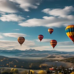 A colorful hot air balloon festival in a clear blue sky with clouds and mountains2