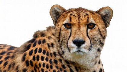 cheetah - Acinonyx jubatus - is a large cat and the fastest land animal. It has a tawny to creamy white or pale buff fur that is marked with  solid black spots. Front face head view isolated on white