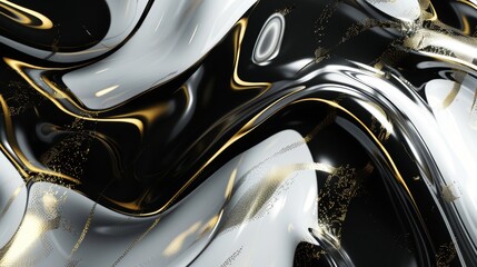 Black and white flowing liquid, with golden swirls on the surface, creating an abstract pattern.