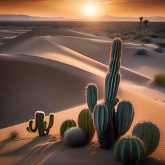 A surreal desert landscape with cactus, sand dunes, a setting sun, a mirage, and a lone coyote3