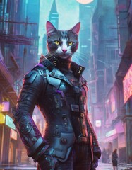 サイバーパンクな世界の繁華街に立つ猫ハチワレ