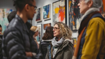 Obraz premium A group of art enthusiasts gather in a gallery admiring a collection of abstract paintings that are up for sale.