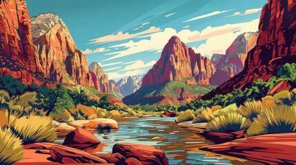 Beautiful scenic view of Zion National Park, Utah in the United states of America. Colorful comic style painting illustration.
