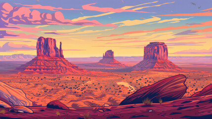 Beautiful scenic view of Monument Valley, Arizona and Utah in the United states of America. Colorful comic style painting illustration.