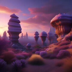 A surreal alien landscape with strange rock formations, plants, a purple sky, and two suns5