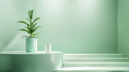 A plant is sitting on a pedestal in front of a wall