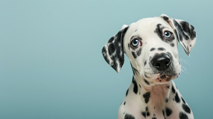 Adorable dalmatian puppy with questioning and curious face isolated on light blue background with copy space.
