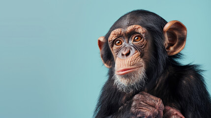 Fototapeta premium Adorable baby chimp isolated on light blue background with copy space.