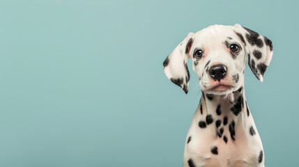Adorable dalmatian puppy with questioning and curious face isolated on light blue background with copy space.