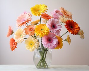 Ethereal arrangement of Gerbera Daisies in watercolor, yellow for cheer, red for love, and pink for admiration, against a soft hue background ,  against pur white background