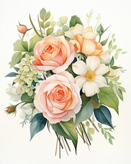 Fototapeta premium Rose wedding bouquet in watercolor, soft pastel blooms overlaid with vibrant green leaves, portraying organic spontaneity , watercolor painting