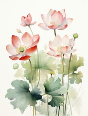Tranquil and simple lotus watercolor, featuring ethereal reds and greens, capturing the essence of contemporary floral art on white ,  fresh and clean look
