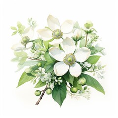 Fototapeta premium Watercolor artwork capturing the essence of family with Peonies and Queen Anne s Lace, soft hues and fine green leaves against white , watercolor painting