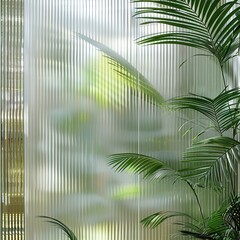 Narrow reeded textured glass.Architectural decorative partition.View through vertical stripes of corrugated glass.Clear fluted glass with back light against tropical plants background.Glassmorphism