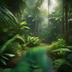 A lush tropical rainforest with dense vegetation and exotic birds1