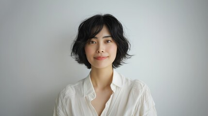 Fototapeta premium A young Asian woman, her hair cut short, is clad in a casual white blouse, exuding a gentle and serene aura against the plain grey backdrop.