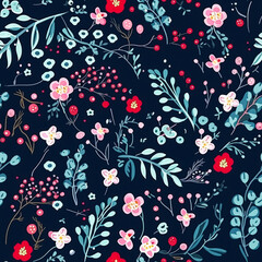 Seamless pattern, tileable modern floral Christmas holiday country print for botanical wallpaper, wrapping paper, scrapbook, fabric and product design idea