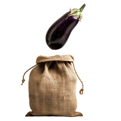 Eggplant falling from hole in the bag, PNG isolated art