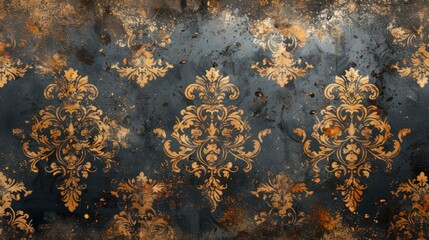 Golden Black Damask Tapestry with Distressed Pattern
