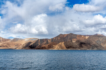 Crystal clear waters of Pangong Lake on the border of India and Tibet, the world's highest elevation saltwater lake