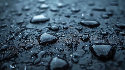 Closeup of raindrops on a textured concrete surface, macro, reflective mood,
