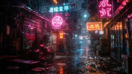 Rainy Cyberpunk Alley with Futuristic Neon Signs and Mysterious Figure