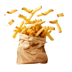 French fries falling from hole in the bag, PNG isolated art
